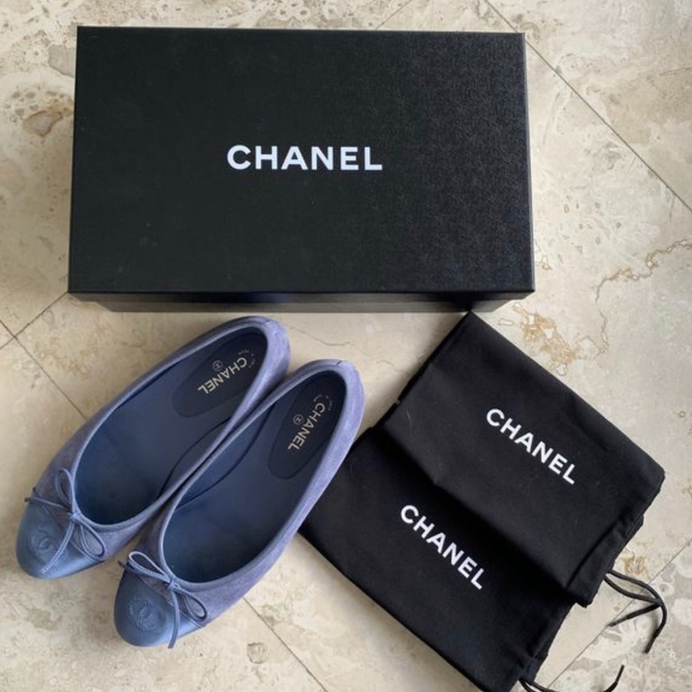 Used Chanel Suede Denim Ballet Flats, Size 37